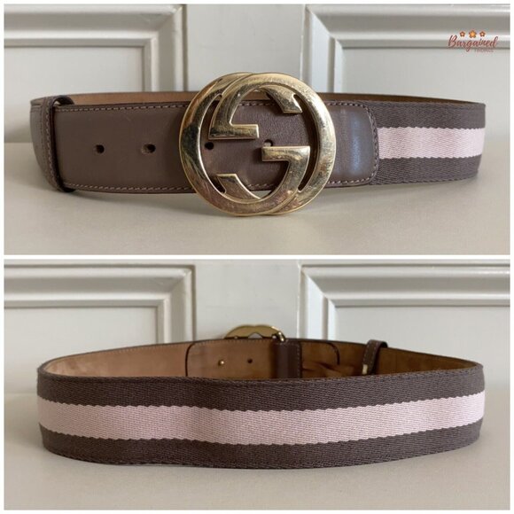 Authentic Gucci Taupe/Pink Web Leather Gold Interlocking G Buckle Belt 80/32 - Picture 5 of 13